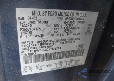 2002 Ford F-150 Lariat/Xlt from USA, damaged, VIN 1FTRW08L22KD36714